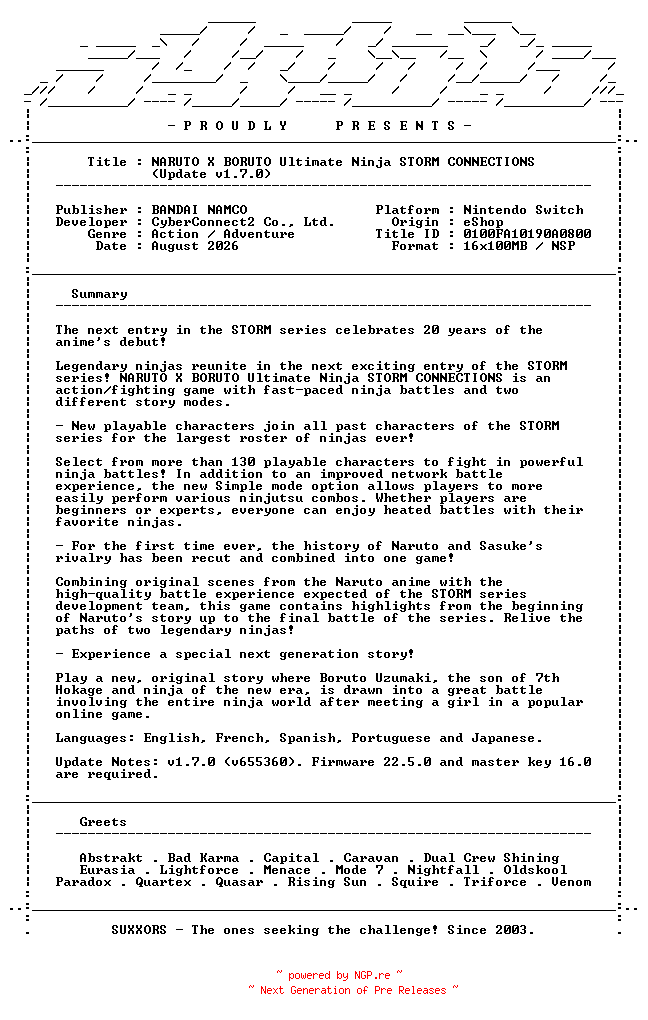 NFO for the release NARUTO_X_BORUTO_Ultimate_Ninja_STORM_CONNECTIONS_Update_v1.7.0_NSW-SUXXORS by SUXXORS