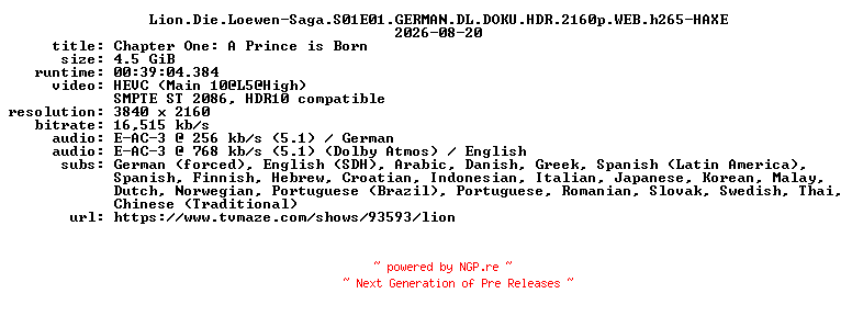 NFO for the release Lion.Die.Loewen-Saga.S01E01.GERMAN.DL.DOKU.HDR.2160p.WEB.h265-HAXE by HAXE