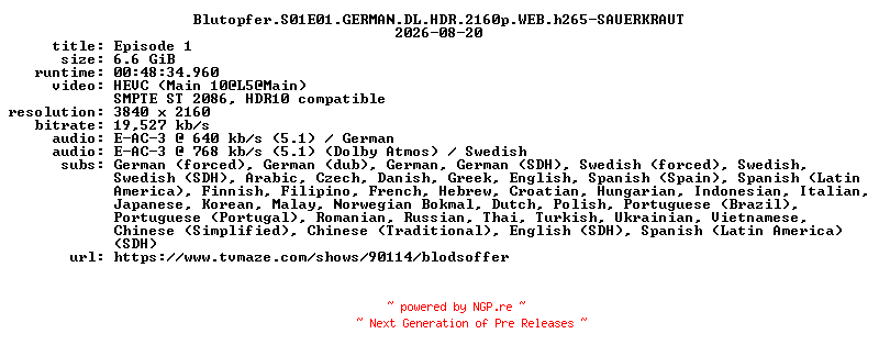 NFO for the release Blutopfer.S01E01.GERMAN.DL.HDR.2160p.WEB.h265-SAUERKRAUT by SAUERKRAUT