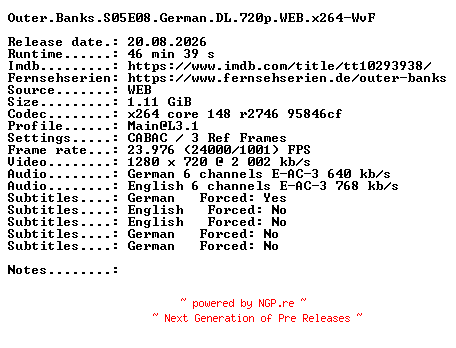 NFO for the release Outer.Banks.S05E08.German.DL.720p.WEB.x264-WvF by WvF