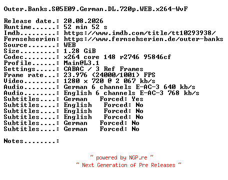NFO for the release Outer.Banks.S05E09.German.DL.720p.WEB.x264-WvF by WvF