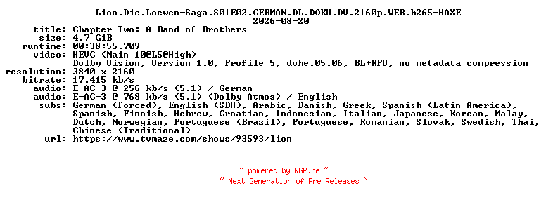 NFO for the release Lion.Die.Loewen-Saga.S01E02.GERMAN.DL.DOKU.DV.2160p.WEB.h265-HAXE by HAXE
