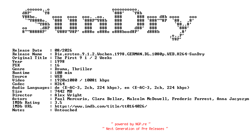 NFO for the release Die.ersten.9.1.2.Wochen.1998.GERMAN.DL.1080p.WEB.H264-SunDry by SunDry