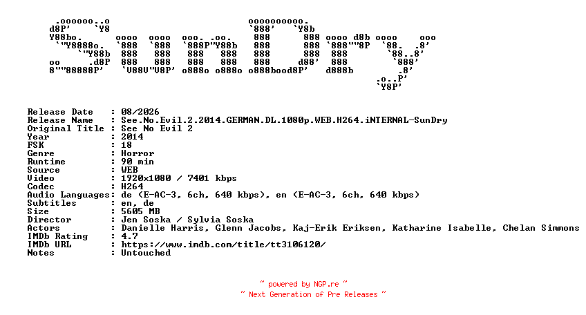 NFO for the release See.No.Evil.2.2014.GERMAN.DL.1080p.WEB.H264.iNTERNAL-SunDry by SunDry