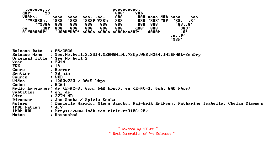 NFO for the release See.No.Evil.2.2014.GERMAN.DL.720p.WEB.H264.iNTERNAL-SunDry by SunDry