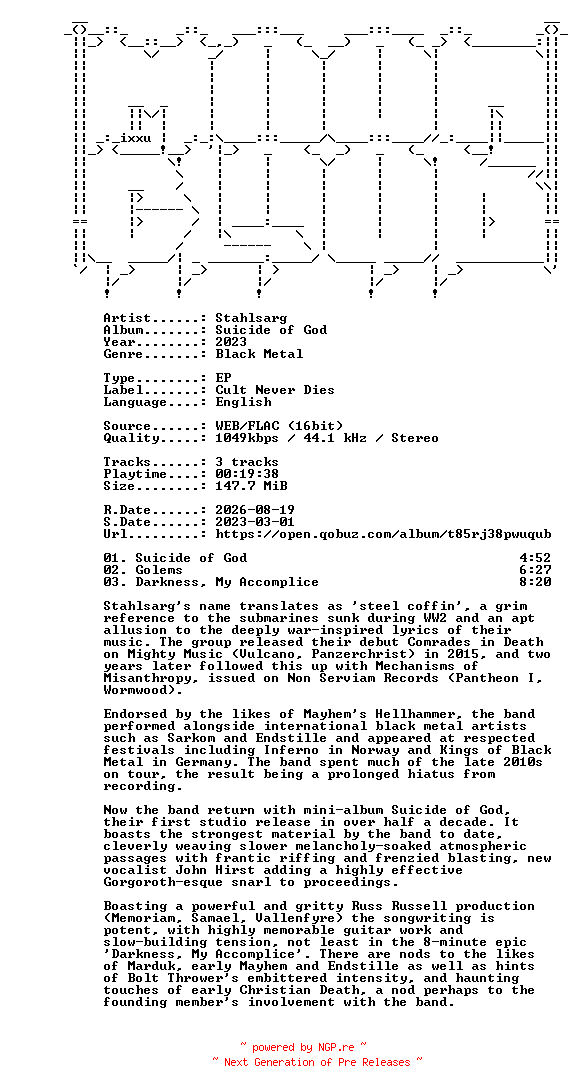 NFO for the release Stahlsarg-Suicide_of_God-EP-16BIT-WEB-FLAC-2023-MOONBLOOD by MOONBLOOD
