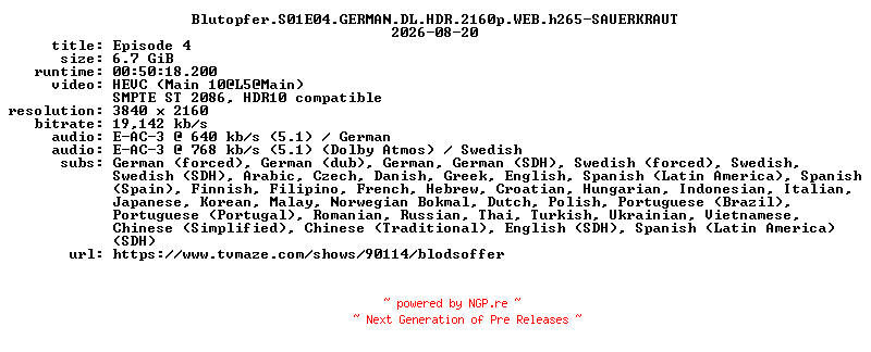 NFO for the release Blutopfer.S01E04.GERMAN.DL.HDR.2160p.WEB.h265-SAUERKRAUT by SAUERKRAUT