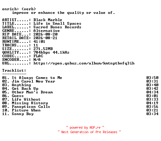 NFO for the release Black_Marble-Life_in_Small_Spaces-16BIT-WEB-FLAC-2026-ENRiCH by ENRiCH