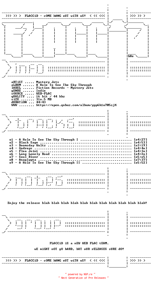 NFO for the release Mystery_Jets-A_Hole_To_See_The_Sky_Through-16BIT-WEB-FLAC-2026-FLACCiD by FLACCiD