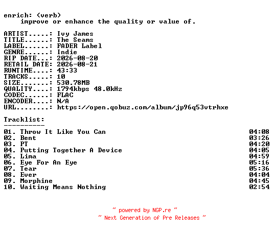 NFO for the release Ivy_James-The_Seams-24BIT-WEB-FLAC-2026-ENRiCH by ENRiCH