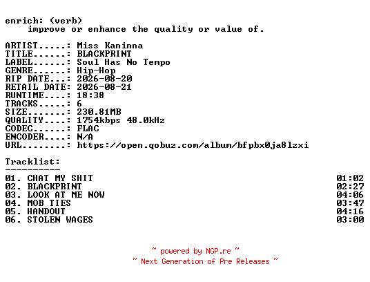 NFO for the release Miss_Kaninna-BLACKPRINT-EP-24BIT-WEB-FLAC-2026-ENRiCH by ENRiCH