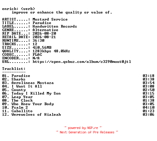 NFO for the release Mustard_Service-Paradise-24BIT-WEB-FLAC-2026-ENRiCH by ENRiCH