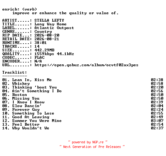 NFO for the release STELLA_LEFTY-Long_Way_Home-24BIT-WEB-FLAC-2026-ENRiCH by ENRiCH