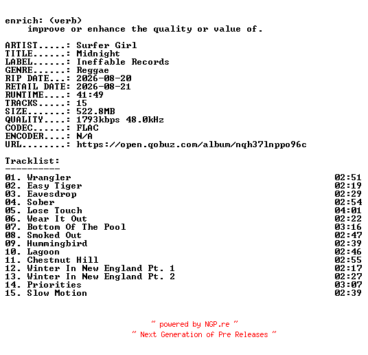 NFO for the release Surfer_Girl-Midnight-24BIT-WEB-FLAC-2026-ENRiCH by ENRiCH