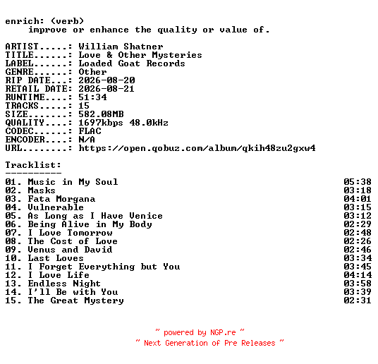 NFO for the release William_Shatner-Love_and_Other_Mysteries-24BIT-WEB-FLAC-2026-ENRiCH by ENRiCH