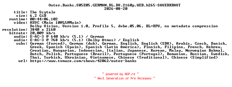 NFO for the release Outer.Banks.S05E05.GERMAN.DL.DV.2160p.WEB.h265-SAUERKRAUT by SAUERKRAUT