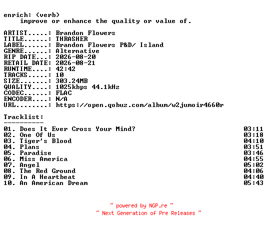 NFO for the release Brandon_Flowers-THRASHER-16BIT-WEB-FLAC-2026-ENRiCH by ENRiCH