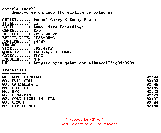 NFO for the release Denzel_Curry_X_Kenny_Beats-ii-24BIT-WEB-FLAC-2026-ENRiCH by ENRiCH