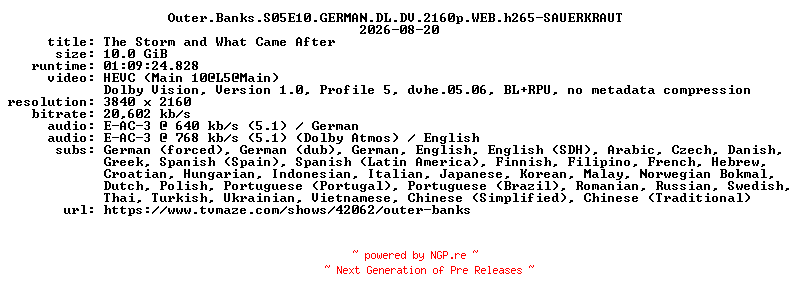 NFO for the release Outer.Banks.S05E10.GERMAN.DL.DV.2160p.WEB.h265-SAUERKRAUT by SAUERKRAUT