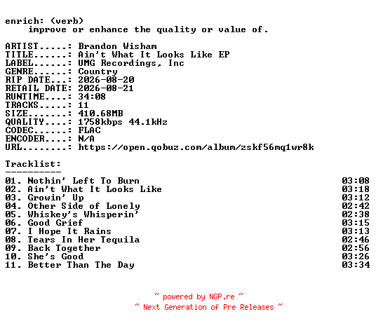NFO for the release Brandon_Wisham-Aint_What_It_Looks_Like_EP-24BIT-WEB-FLAC-2026-ENRiCH by ENRiCH