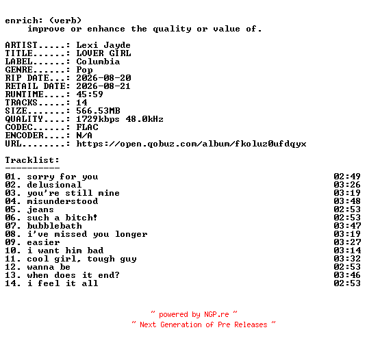 NFO for the release Lexi_Jayde-LOVER_GIRL-24BIT-WEB-FLAC-2026-ENRiCH by ENRiCH