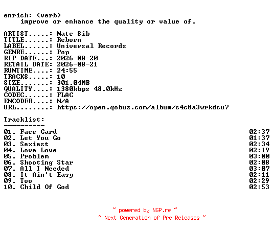 NFO for the release Nate_Sib-Reborn-24BIT-WEB-FLAC-2026-ENRiCH by ENRiCH