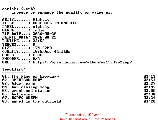 NFO for the release Nightly-BASEBALL_IN_AMERICA-16BIT-WEB-FLAC-2026-ENRiCH by ENRiCH