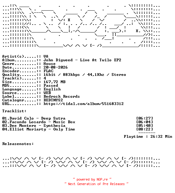 NFO for the release VA-John_Digweed__Live_At_Twilo_EP2-BEDTNYS2-16BIT-WEB-FLAC-2026-WAVED by WAVED