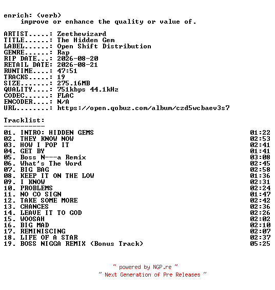 NFO for the release Zeethewizard-The_Hidden_Gem-16BIT-WEB-FLAC-2026-ENRiCH by ENRiCH