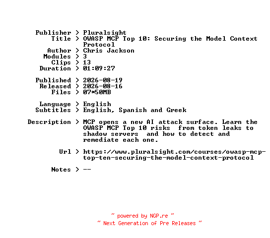 NFO for the release Pluralsight.OWASP.MCP.Top.10.Securing.the.Model.Context.Protocol.2026.BOOKWARE-GETH by GETH
