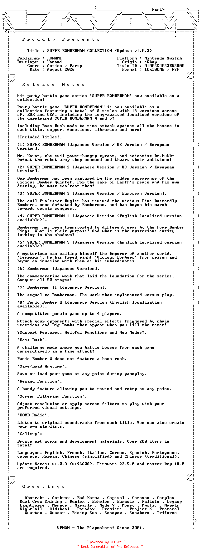 NFO for the release SUPER_BOMBERMAN_COLLECTION_Update_v1.0.3_NSW-VENOM by VENOM