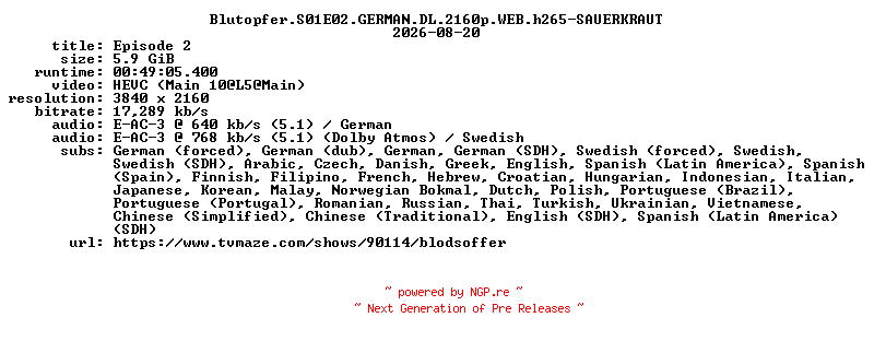 NFO for the release Blutopfer.S01E02.GERMAN.DL.2160p.WEB.h265-SAUERKRAUT by SAUERKRAUT