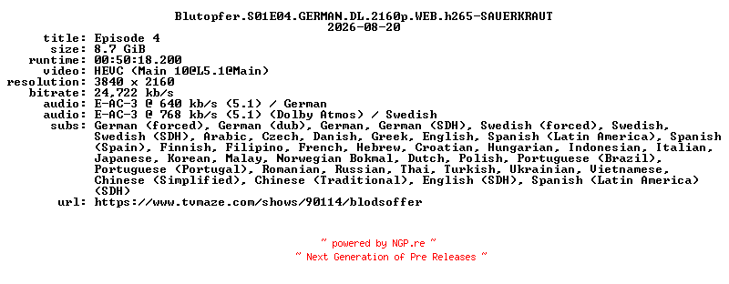NFO for the release Blutopfer.S01E04.GERMAN.DL.2160p.WEB.h265-SAUERKRAUT by SAUERKRAUT