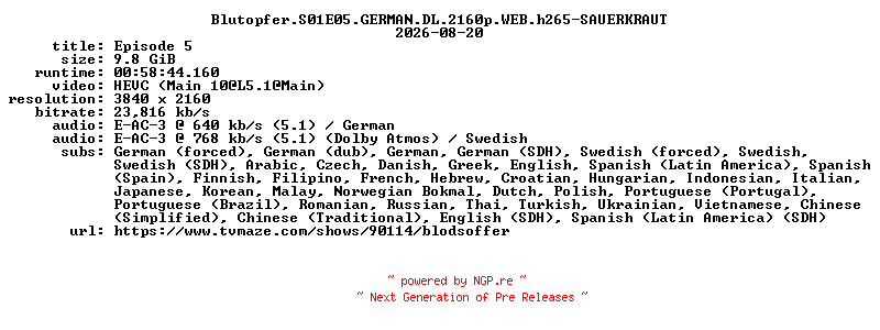 NFO for the release Blutopfer.S01E05.GERMAN.DL.2160p.WEB.h265-SAUERKRAUT by SAUERKRAUT