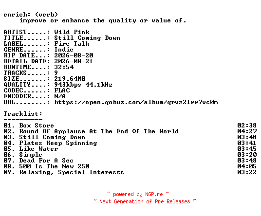 NFO for the release Wild_Pink-Still_Coming_Down-16BIT-WEB-FLAC-2026-ENRiCH by ENRiCH