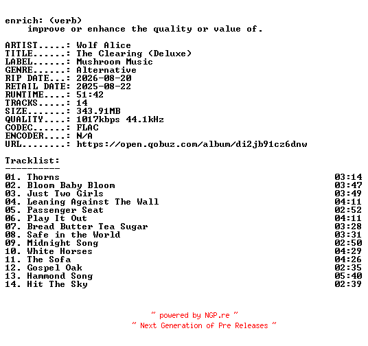 NFO for the release Wolf_Alice-The_Clearing_(Deluxe)-16BIT-WEB-FLAC-2026-ENRiCH by ENRiCH