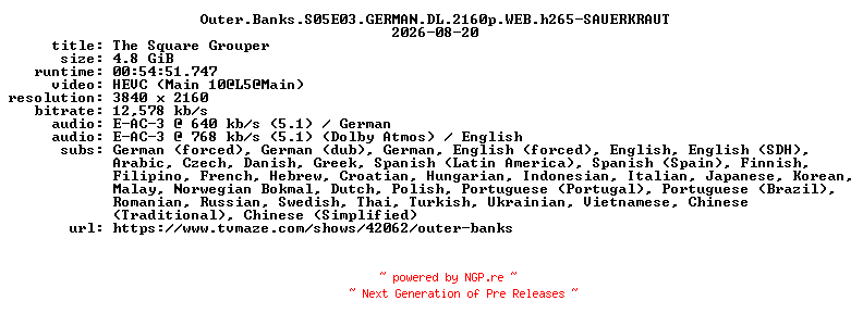 NFO for the release Outer.Banks.S05E03.GERMAN.DL.2160p.WEB.h265-SAUERKRAUT by SAUERKRAUT