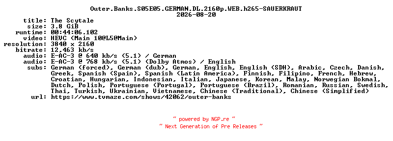 NFO for the release Outer.Banks.S05E05.GERMAN.DL.2160p.WEB.h265-SAUERKRAUT by SAUERKRAUT