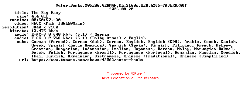 NFO for the release Outer.Banks.S05E06.GERMAN.DL.2160p.WEB.h265-SAUERKRAUT by SAUERKRAUT