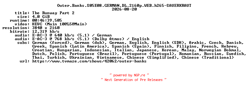 NFO for the release Outer.Banks.S05E08.GERMAN.DL.2160p.WEB.h265-SAUERKRAUT by SAUERKRAUT