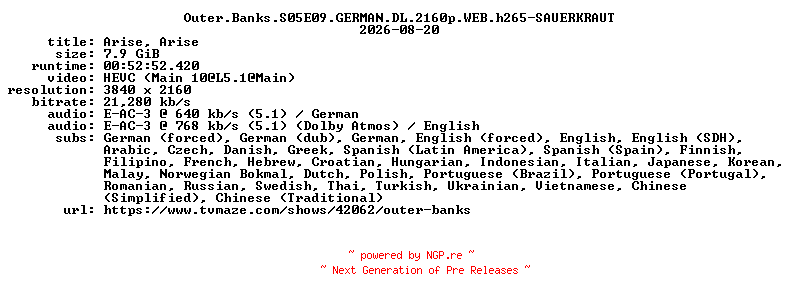 NFO for the release Outer.Banks.S05E09.GERMAN.DL.2160p.WEB.h265-SAUERKRAUT by SAUERKRAUT