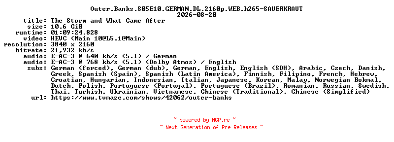 NFO for the release Outer.Banks.S05E10.GERMAN.DL.2160p.WEB.h265-SAUERKRAUT by SAUERKRAUT