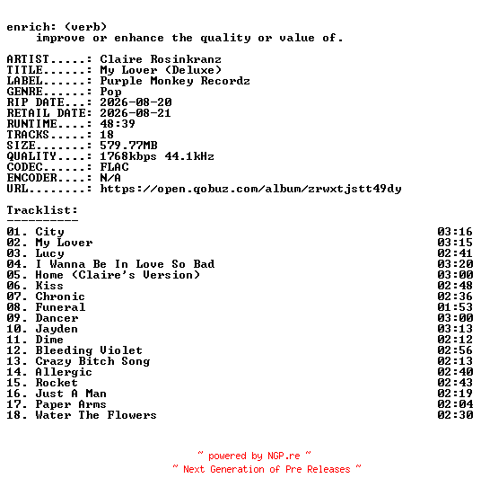 NFO for the release Claire_Rosinkranz-My_Lover_(Deluxe)-24BIT-WEB-FLAC-2026-ENRiCH by ENRiCH