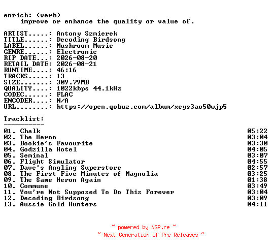 NFO for the release Antony_Szmierek-Decoding_Birdsong-16BIT-WEB-FLAC-2026-ENRiCH by ENRiCH