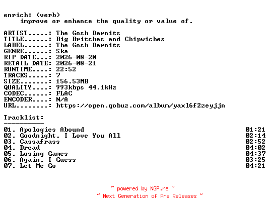 NFO for the release The_Gosh_Darnits-Big_Britches_and_Chipwiches-16BIT-WEB-FLAC-2026-ENRiCH by ENRiCH