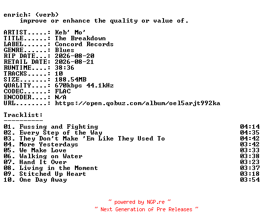 NFO for the release Keb_Mo-The_Breakdown-16BIT-WEB-FLAC-2026-ENRiCH by ENRiCH
