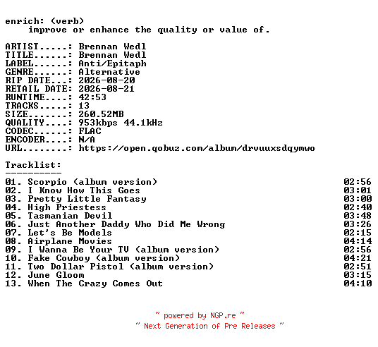 NFO for the release Brennan_Wedl-Brennan_Wedl-16BIT-WEB-FLAC-2026-ENRiCH by ENRiCH