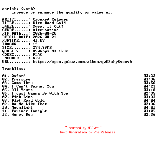 NFO for the release Crooked_Colours-Dirt_Road_Gold-16BIT-WEB-FLAC-2026-ENRiCH by ENRiCH