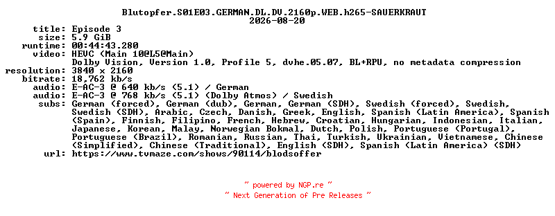 NFO for the release Blutopfer.S01E03.GERMAN.DL.DV.2160p.WEB.h265-SAUERKRAUT by SAUERKRAUT