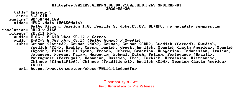 NFO for the release Blutopfer.S01E05.GERMAN.DL.DV.2160p.WEB.h265-SAUERKRAUT by SAUERKRAUT